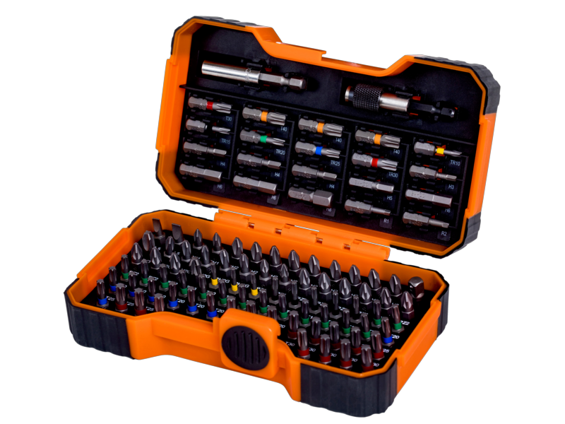 Bahco 59/S100BC Juego de puntas, 100 piezas con puntas ranuradas, Phillips, Pozidriv, Hexagonales, Robertson y de colores TORX®,TORX® Tamper,