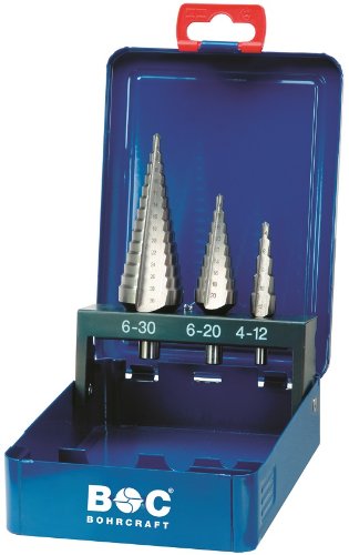 Bohrcraft 17601410003 Juego de brocas para escaleras HSS 3 piezas DIN 335 Gr. 1 - 2A - 3A