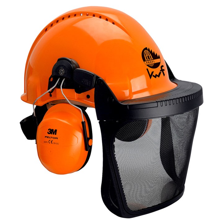 3M 7.21.15.331.55 Combinación de casco para silvicultura, casco naranja G3000, orejeras H31, pantalla facial metálica 5C