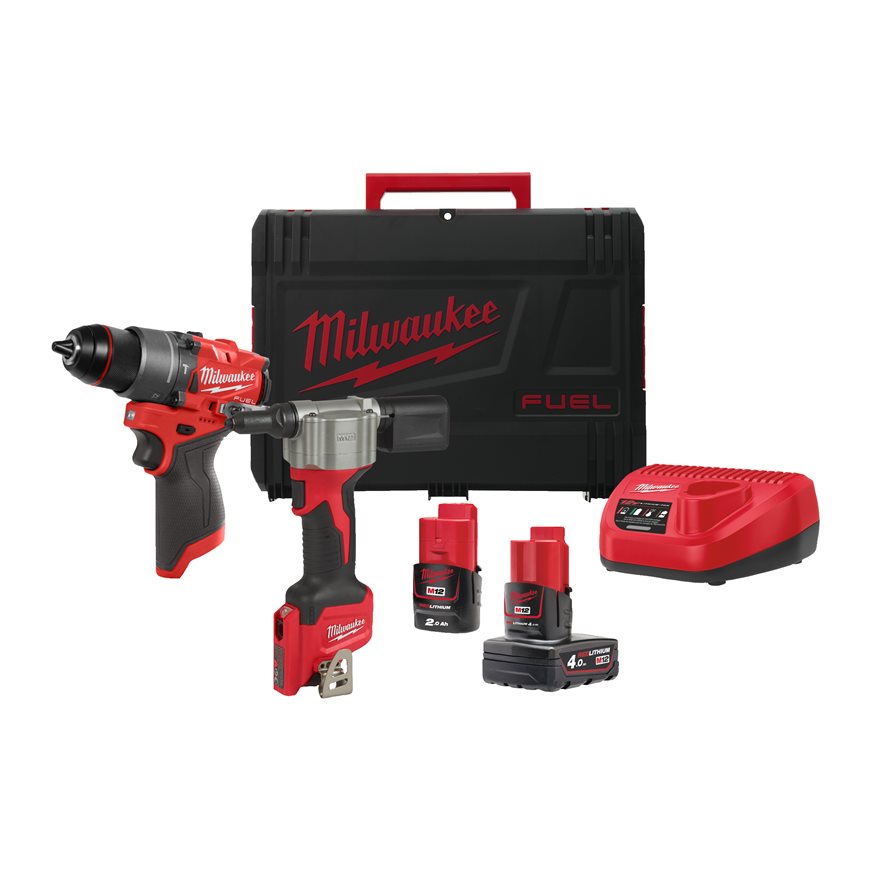 Milwaukee 4933480593 M12 FPP2D2-422X Powerpack M12 FPD2 Taladro de impacto + remachadora M12 BPRT 12V 4.0/2.0Ah en caja HD