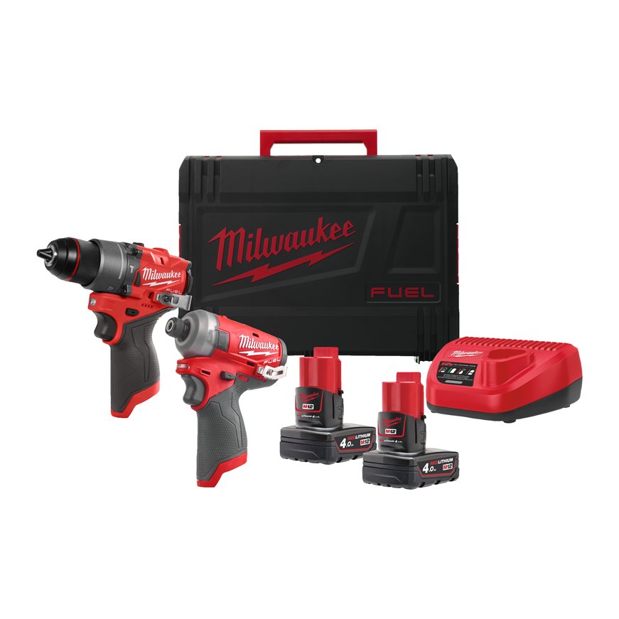Milwaukee 4933480594 M12 FPP2E2-402X Powerpack M12 FPD2 Taladro de impacto + M12 FQID Destornillador de impacto 12V 4.0Ah en caja HD