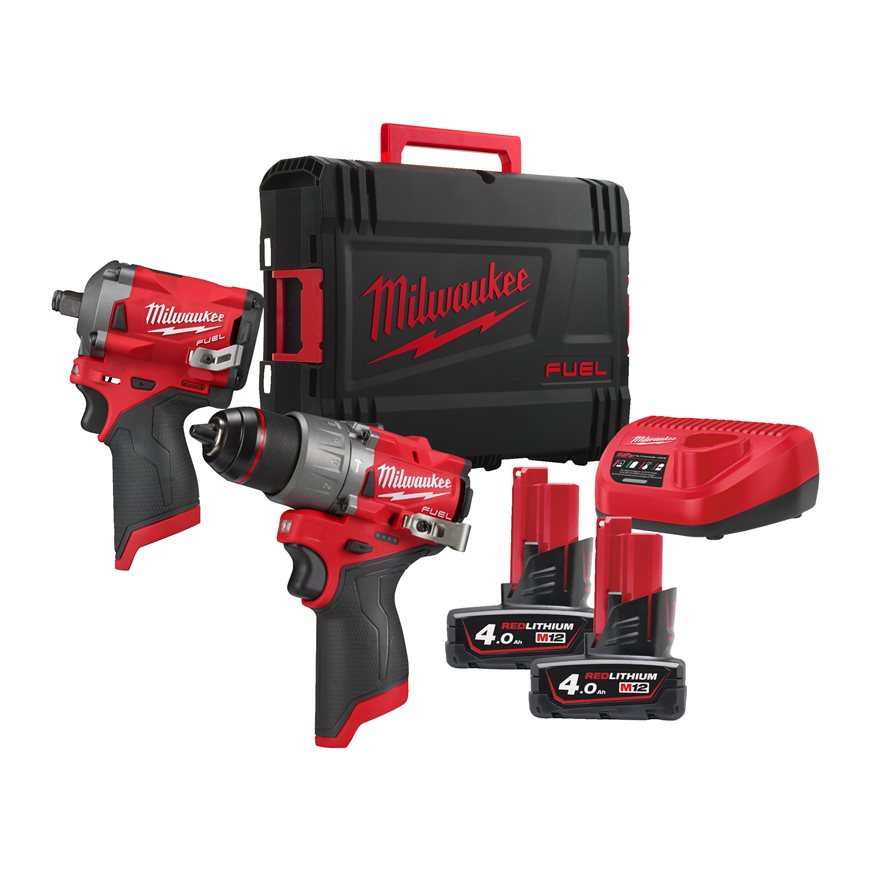 Milwaukee 4933492512 M12 FPP2H2-402X Powerpack M12 FPD2 Taladro percutor + M12 FIWF12 Llave de Impacto 12V 4.0Ah en Caja HD
