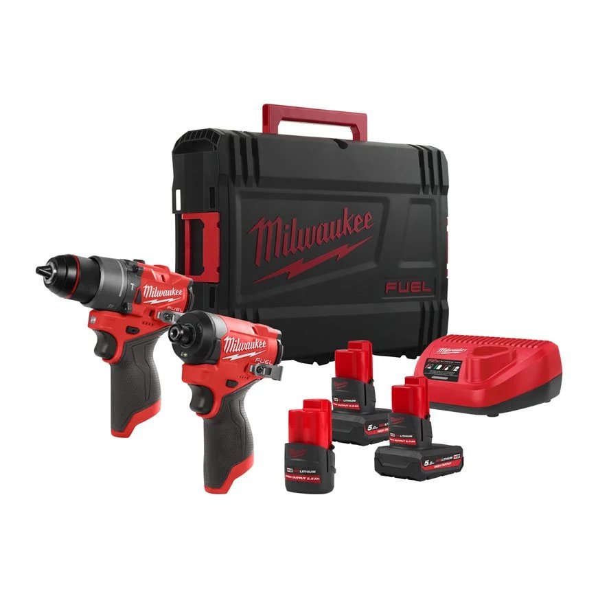 Milwaukee 4933492513 M12 FPP2A2-5253X Powerpack M12 FPD2 Taladro percutor + M12 FID2 Atornillador de impacto 12V 2x5.0/1x2.5Ah en caja HD