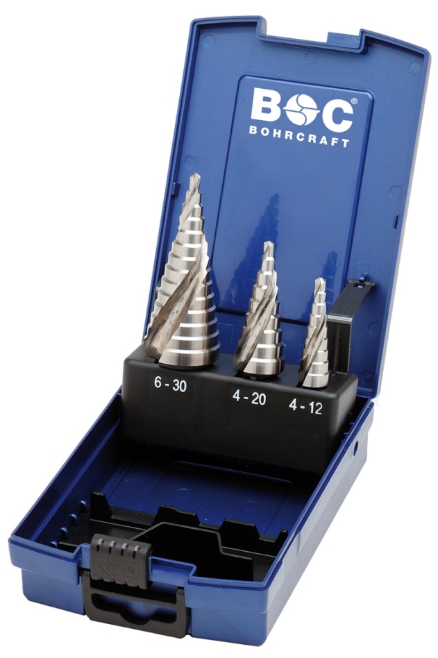 Bohrcraft 17631330003 Juego de brocas para escaleras STB3-KS HSS ranura espiral Gr. 1-2A-3A / 3 piezas