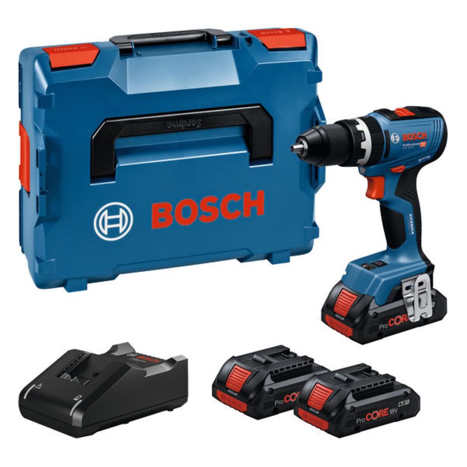 Bosch Professional 06019N3308 GSB 18V-65 Taladro de percusión sin cable 3x 3,0 Ah ProCORE batería y cargador en L-BOXX
