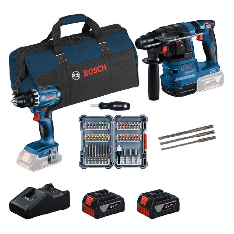 Bosch Professional 0615V0003D Accutoolkit Combipack 18V GSR + GBH 2x GBA 18V 2,0 Ah y cargador GAL 18V-40, juego de 44 piezas con destornillador, juego de martillos perforadores de 3 piezas SDS-Plus-5, GSR 18V-45, GBH 18V-22