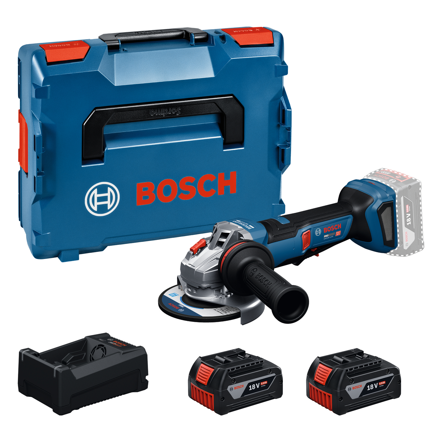 Bosch Professional 06019N4302 GWS18V-11PS Accu amoladora angular 2x GBA 18V 5.0Ah y cargador GAL 12V/18V-80 en L-Boxx