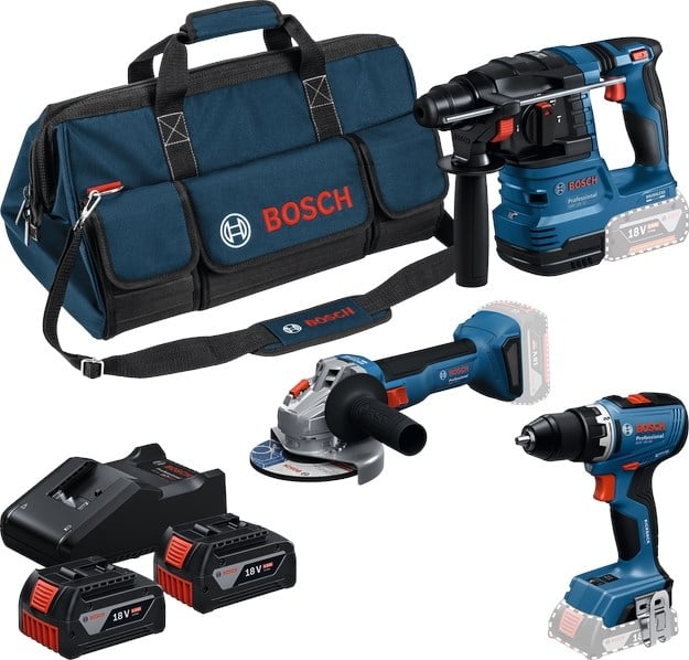 Bosch Professional 0615A500AH Juego de herramientas de batería 3-toolkit 18V GSB 18V-65, GBH 18V-2, GWS 18V-11 3x 5.0Ah batería y cargador GAL 12V/18V-80 en bolsa de herramientas