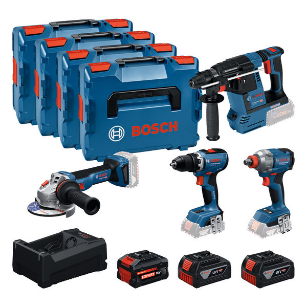 Bosch Professional 0615A500BJ Kit de herramientas de 4 baterías 18V GSR 18V-65, GDX 18V-285, GBH 18V-26, GWS 18V-11 2x baterías GBA 5.0Ah y 1x batería EXBA 5.5Ah y cargador GAL 12V/18V-80 en L-Boxx