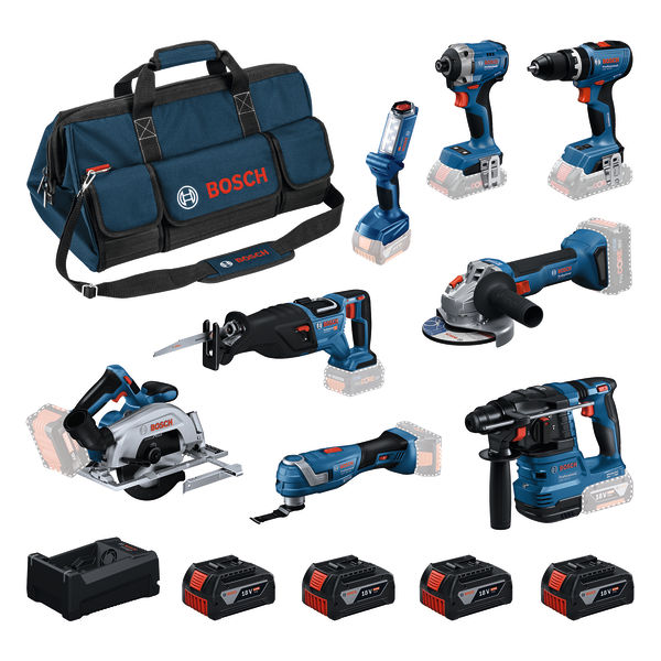 Bosch Professional 0615V00061 Kit de 8 bater&iacute;as 18V GBH 18V-22, GWS 18V-8, GDR 18V-215, GSB 18V-65, GKS 18V-57-2, GSA 18V-28, GOP 18V-34, GLI 18V-300 4x GBA 5.0Ah y cargador GAL 12V/18V-80 en bolsa de herramientas