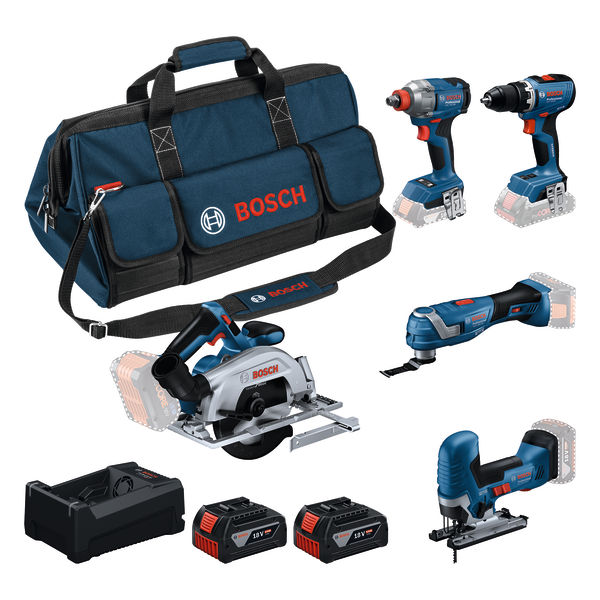 Bosch Professional 0615A500BV Kit de 5 baterías 18V GSR 18V-65, GDX 18V-285, GKS 18V-57-2, GOP 18V-34, GST 18V-125 S 2x baterías GBA 5.0Ah y cargador GAL 12V-18V-80 en bolsa de herramientas