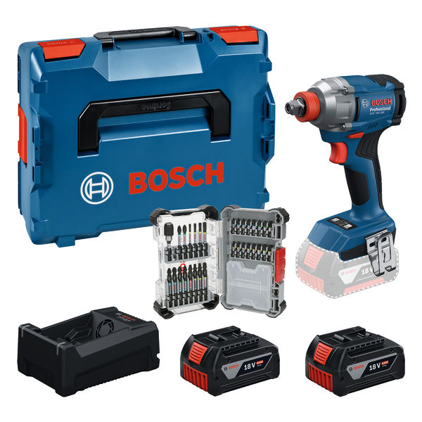 Bosch Professional 0615A500DY GDX18V-285 atornillador a batería/llave de impacto 2x 18V 5.0Ah batería y cargador GAL12V/18V-80 + juego de puntas de 31 piezas en L-BOXX