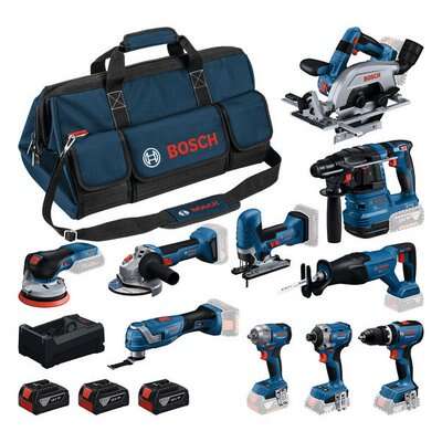 Bosch Professional 0615A500EH Juego de herramientas de bater&iacute;a 10 m&aacute;quinas 18V 3x 5.0Ah bater&iacute;a y cargador GAL12V/18V-80 en bolsa de herramientas