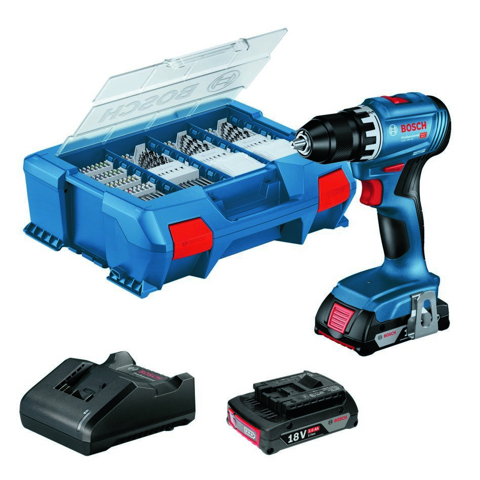 Bosch Professional 06019K3205 GSR 18V-45 Juego de taladradoras a batería 2x 2,0 Ah y cargador GAL 18V-20 en maletín en L