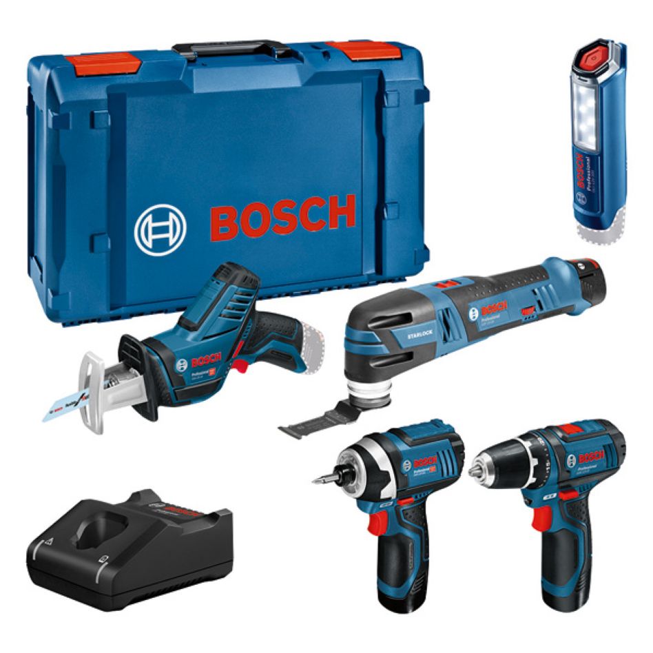 Bosch Professional 0615990N1D 5 Juego de herramientas 12V - taladro inalámbrico + sierra de sable + atornillador de impacto + multiherramienta + lámpara 12V 3 x 2,0Ah en XL-Boxx