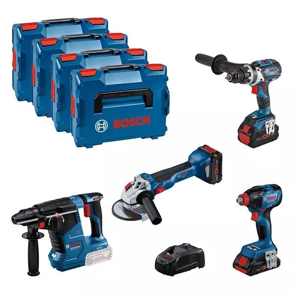 Bosch Professional 0615990N32 Combiset 18V 4 máquinas 1x 4,0Ah 2x 5,5 Ah y cargador en L-BOXX