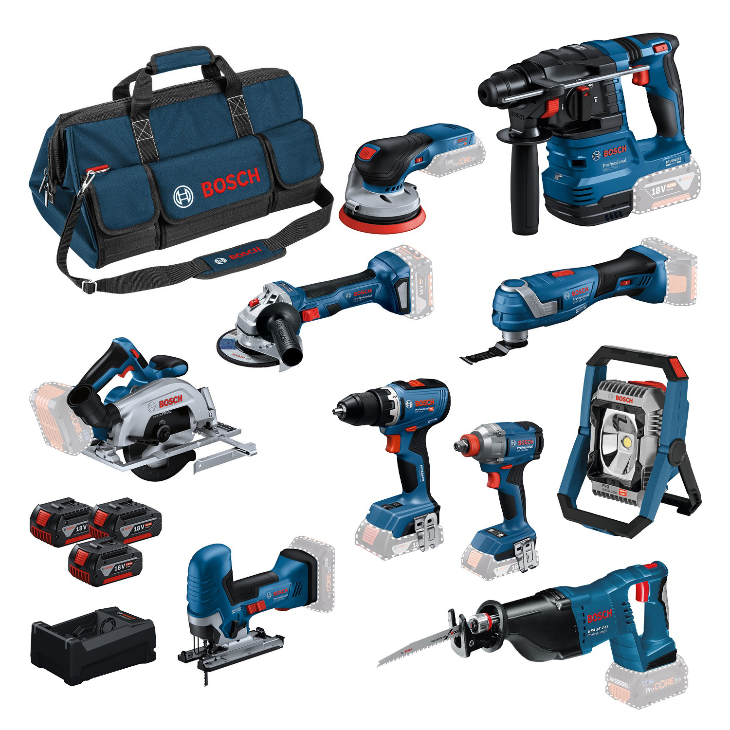 Bosch Professional BoschTN10 Juego combinado de 10 piezas: juego de herramientas profesionales de 18 V con bolsa para herramientas