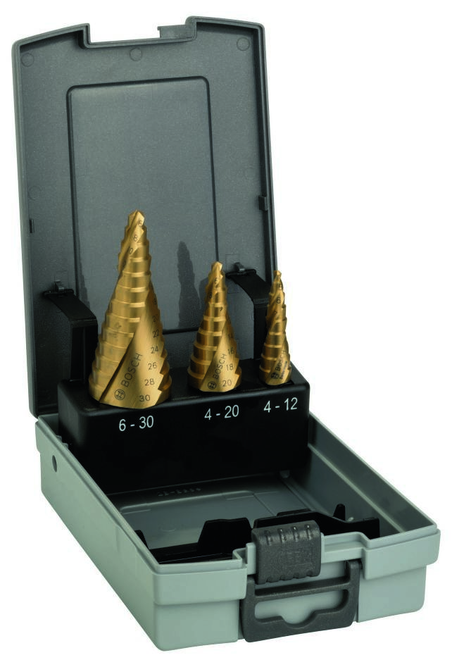 Bosch Professional Accesorios 2608587432 Juego de brocas escalonadas HSS-TiN de 3 piezas y mango acanalado