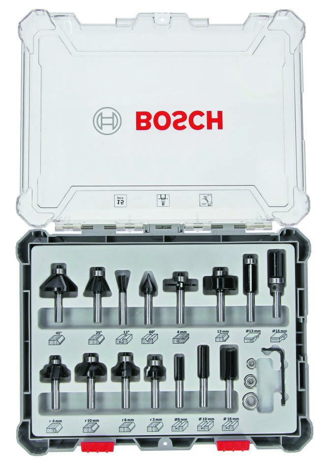Bosch Professional Accesorios 2607017472 Juego de fresas mixtas de 15 piezas con mango de 8 mm
