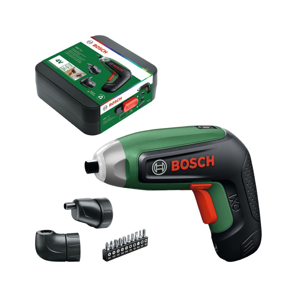 Bosch DIY 06039G4001 IXO 8 Juego de destornilladores a bater&iacute;a de 4V 1x bater&iacute;a de 4V 2,0Ah con adaptador angular y adaptador exc&eacute;ntrico + juego de puntas de 10 piezas en caja de almacenamiento