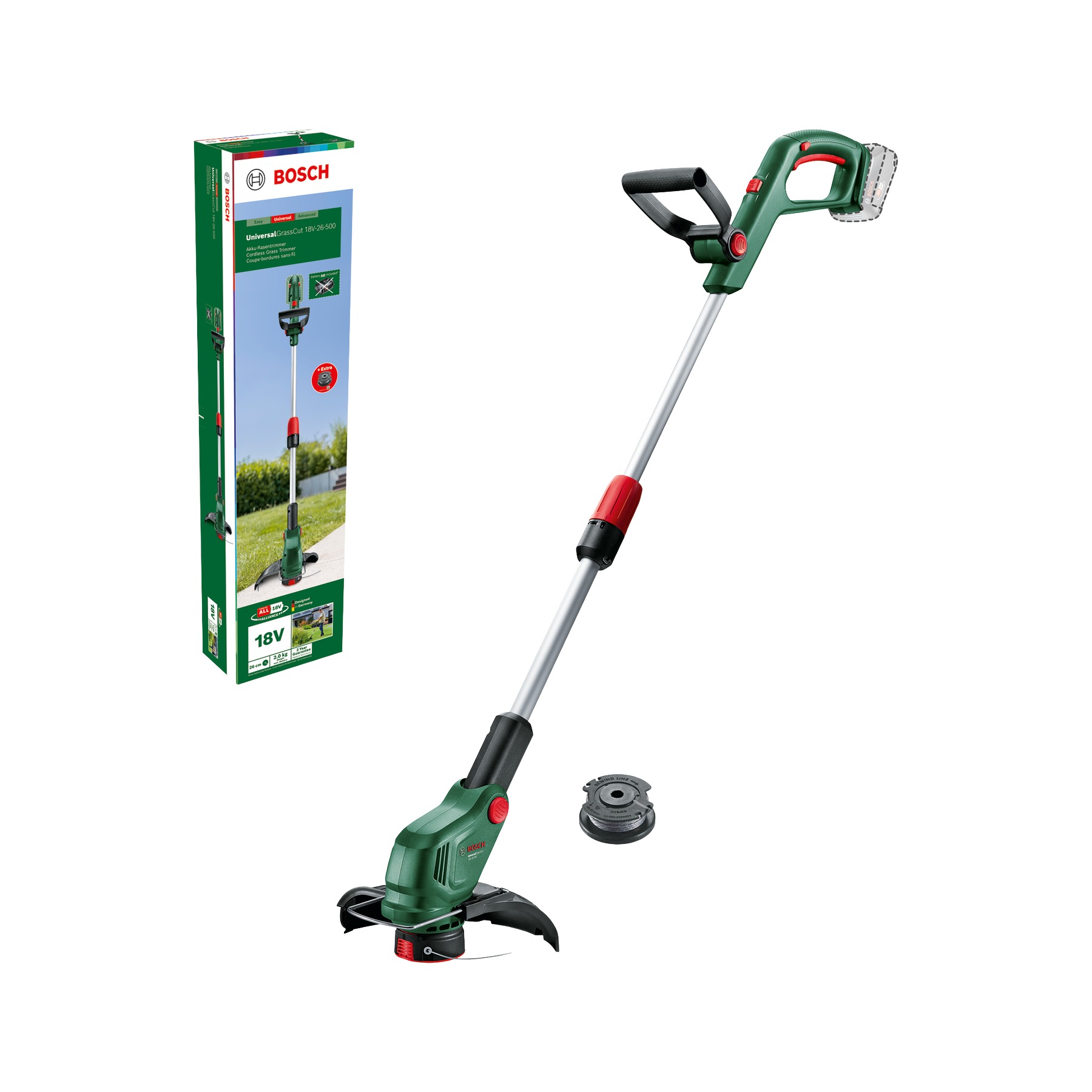 Bosch DIY 06008C1F04 UniversalGrassCut 18V-26-500 Juego de cortabordes a batería sin baterías ni cargador en caja