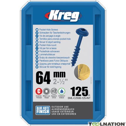 Kreg SML-C250B-125-INT Tornillos de bolsillo de 64 mm Blue-Kote Maxi-Loc rosca gruesa 125 unidades - 1