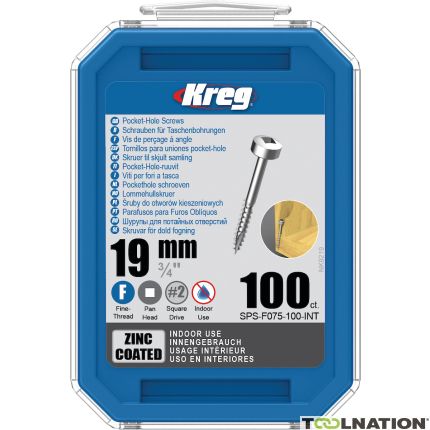Kreg SPS-F075-100-INT Tornillos para agujeros de bolsillo de 19 mm zincados con cabeza plana y rosca fina 100 unidades - 1