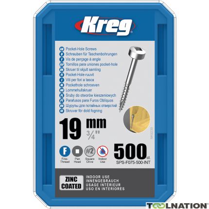 Kreg SPS-F075-500-INT Tornillos para agujeros de bolsillo de 19 mm, zincados, de cabeza plana, rosca fina, 500 unidades - 1