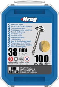 Kreg SML-C150-100-INT Tornillos de cabeza cilíndrica 38 mm galvanizados Maxi-Loc rosca gruesa 100 unidades