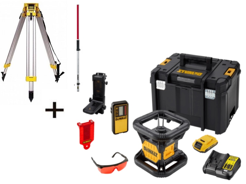 DeWalt DCE074D1R-SET 18V 2.0Ah Li-Ion Láser rojo giratorio totalmente automático (interior) + DE0737 Bastón de medición + DE0736 Trípode de aluminio 5/8".