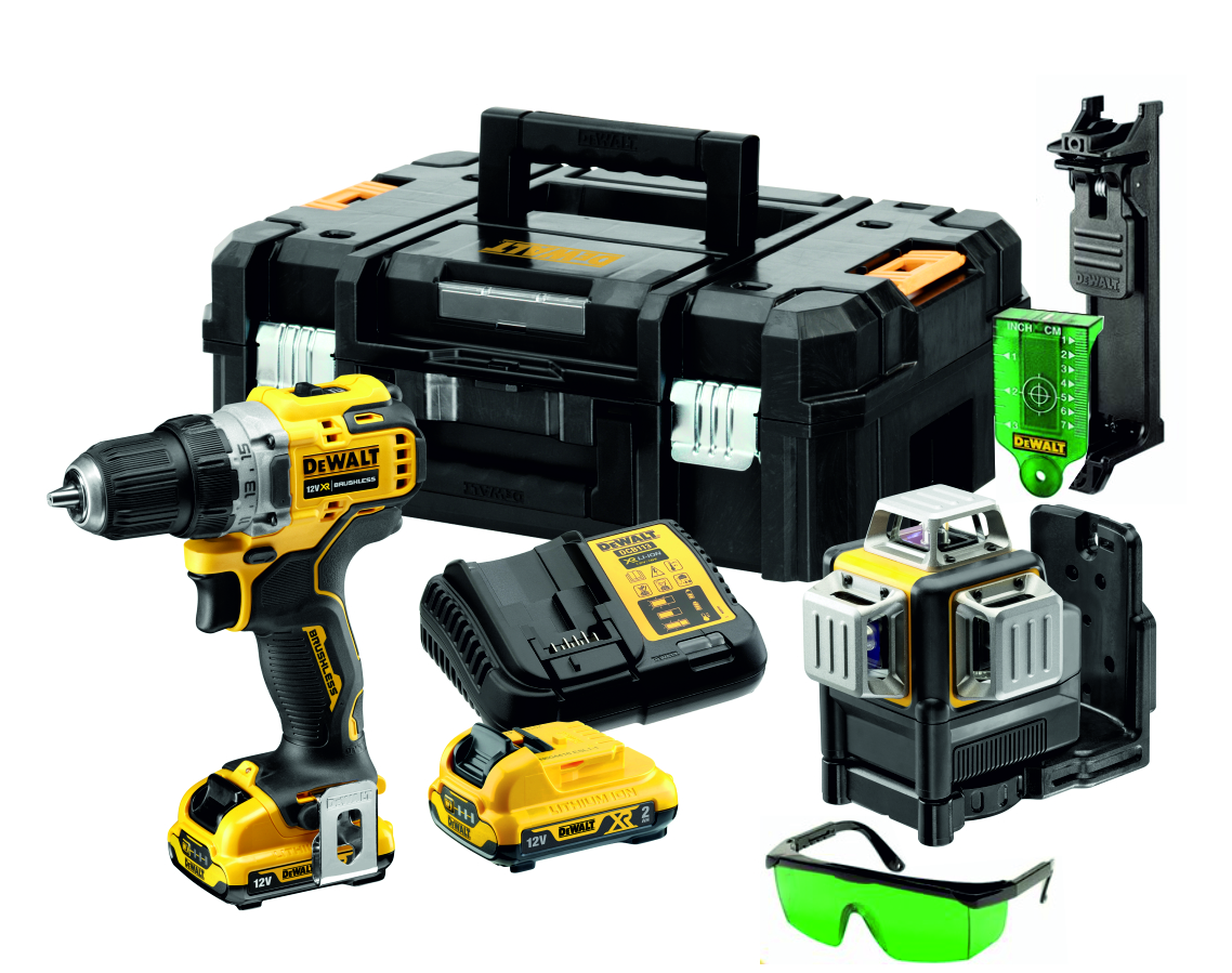 DeWalt DCK212D2T-QW juego de piezas de repuesto DCD701 destornillador perforador + DCE089 láser Cross-line verde 12V 2,0 Ah Li-Ion en maletín TSTAK