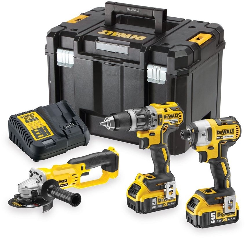 DeWalt DCK383P2T-QW Comboset 18V 5.0Ah Li-Ion - DCD796 Taladro sin cable + DCF887 Taladro de impacto + Amoladora angular DCG412