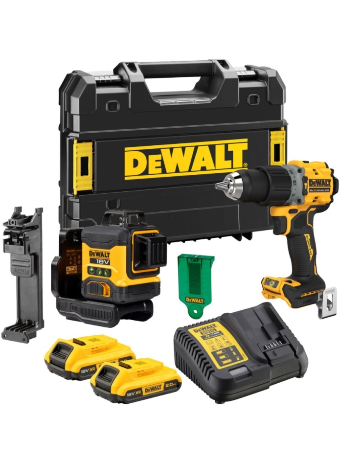 DeWalt DCK2095D2T-QW Oferta set 18 Volt 2.0 AH Li-ion - DCLE34031 growbe laser + DCD791 taladro sin cable