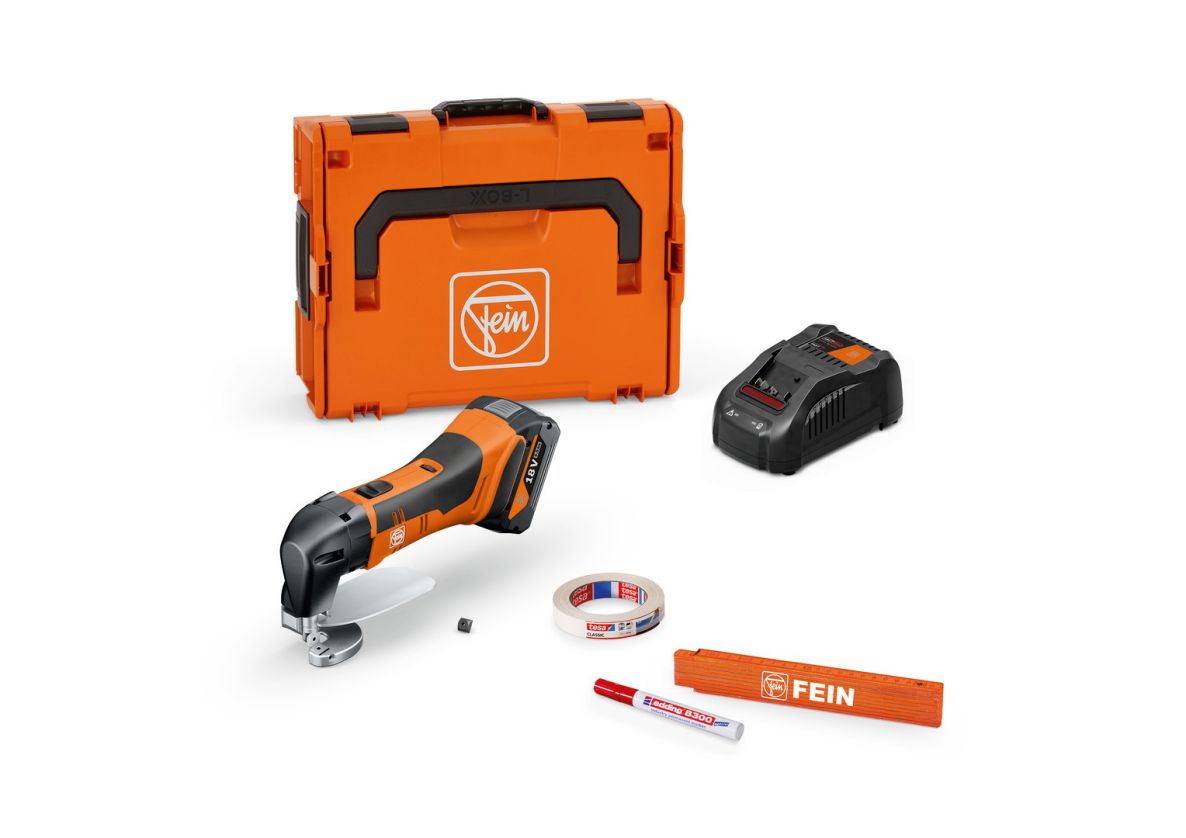 Fein 71300663000 ABLS 18 1.6 E AS Ah Cizalla de chapa Accu juego básico hasta 1.6 mm 1x batería 18V 5.0Ah y cargador Maletín L-BOXX