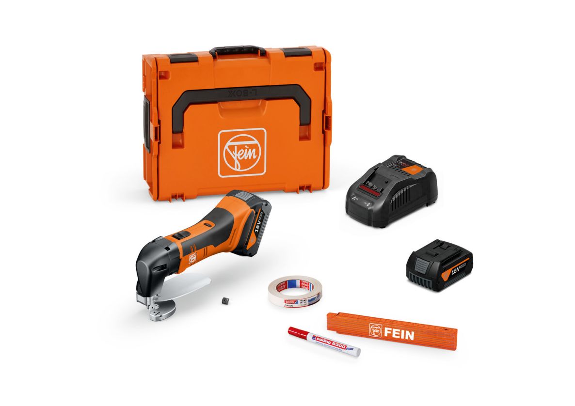 Fein 71300664000 ABLS 18 1.6 E AS Cizalla de chapa Accu juego básico hasta 1.6 mm 2x 18V 5.0Ah baterías y cargador Maletín L-BOXX