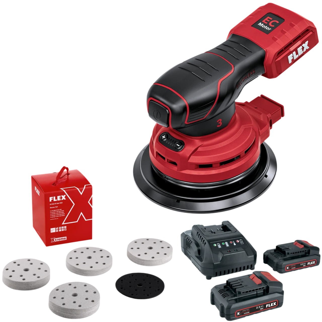 Flex-tools 535931 ORE 3-150 18-EC C & P-Set 22 Q Juego de lijadoras exc&eacute;ntricas 150 mm carrera 3 mm incl. 2x2,5 Ah, cargador y juego de lija en caja