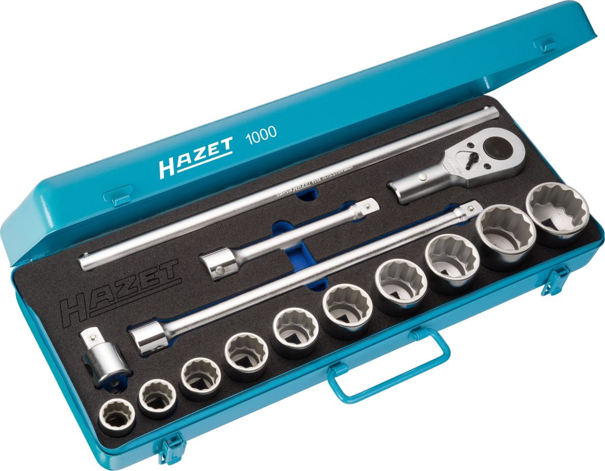 Hazet 1000Z Juego de llaves de vaso de 3/4" cuadradas huecas con perfil exterior dodecagonal, de 15 piezas
