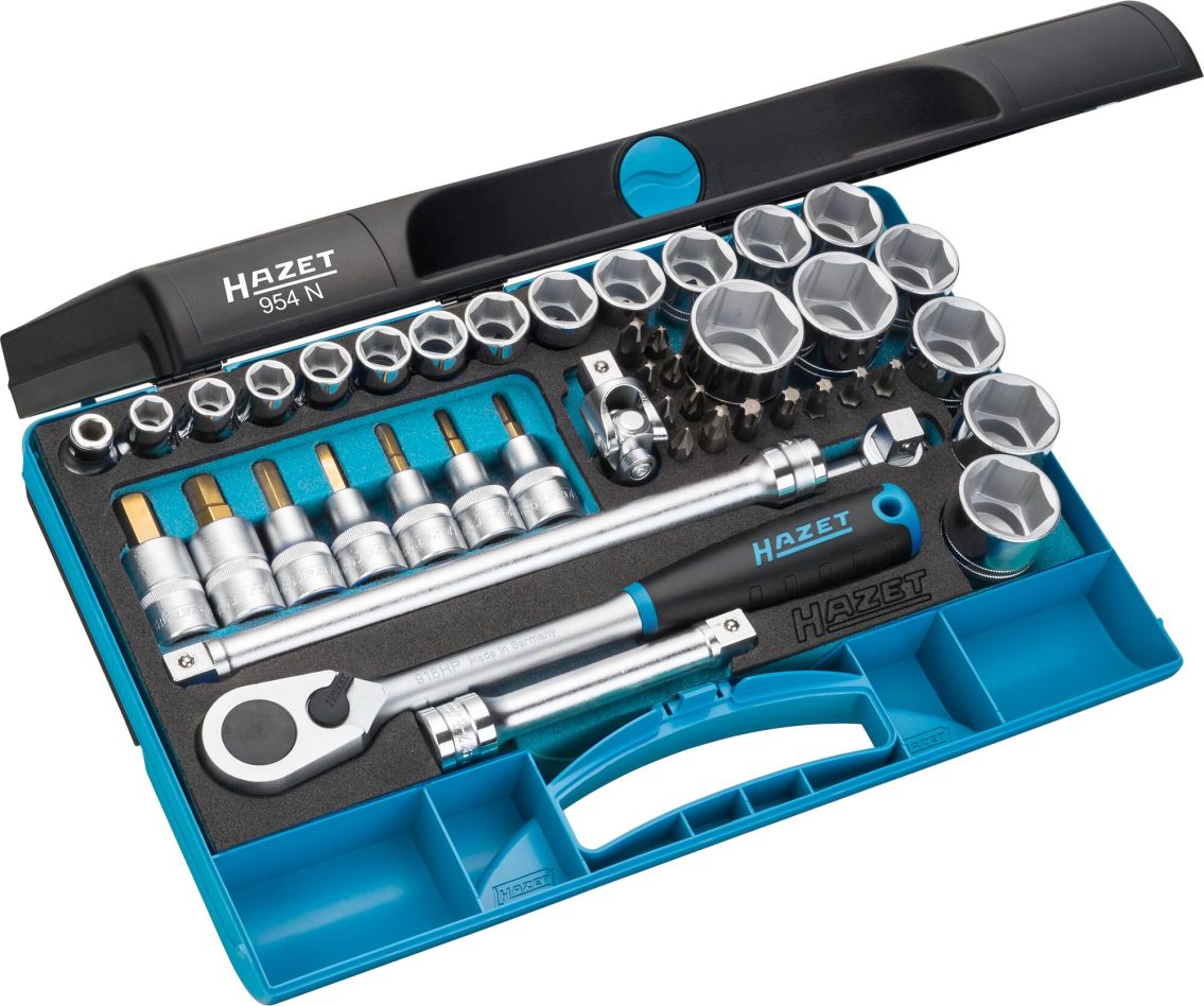 Hazet 954N Juego de llaves de vaso de 1/2", 44 piezas, que incluye perfiles de hex&aacute;gono exterior, PZ, PH, hex&aacute;gono interior y Torx