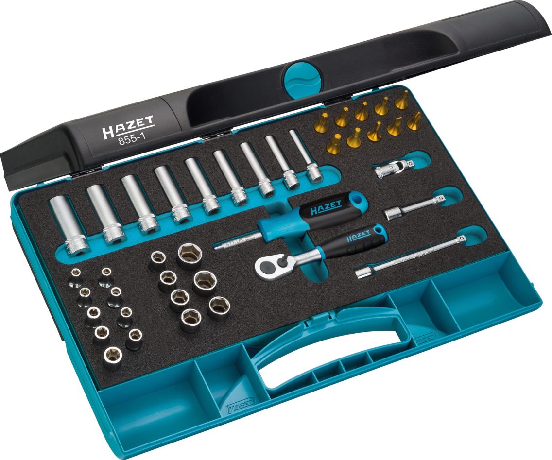 Hazet 855-1 Juego de llaves de vaso de 1/4", 40 piezas, que incluye perfiles de cuadrado exterior, Torx, Torx interior, ranura, PH y hex&aacute;gono interior
