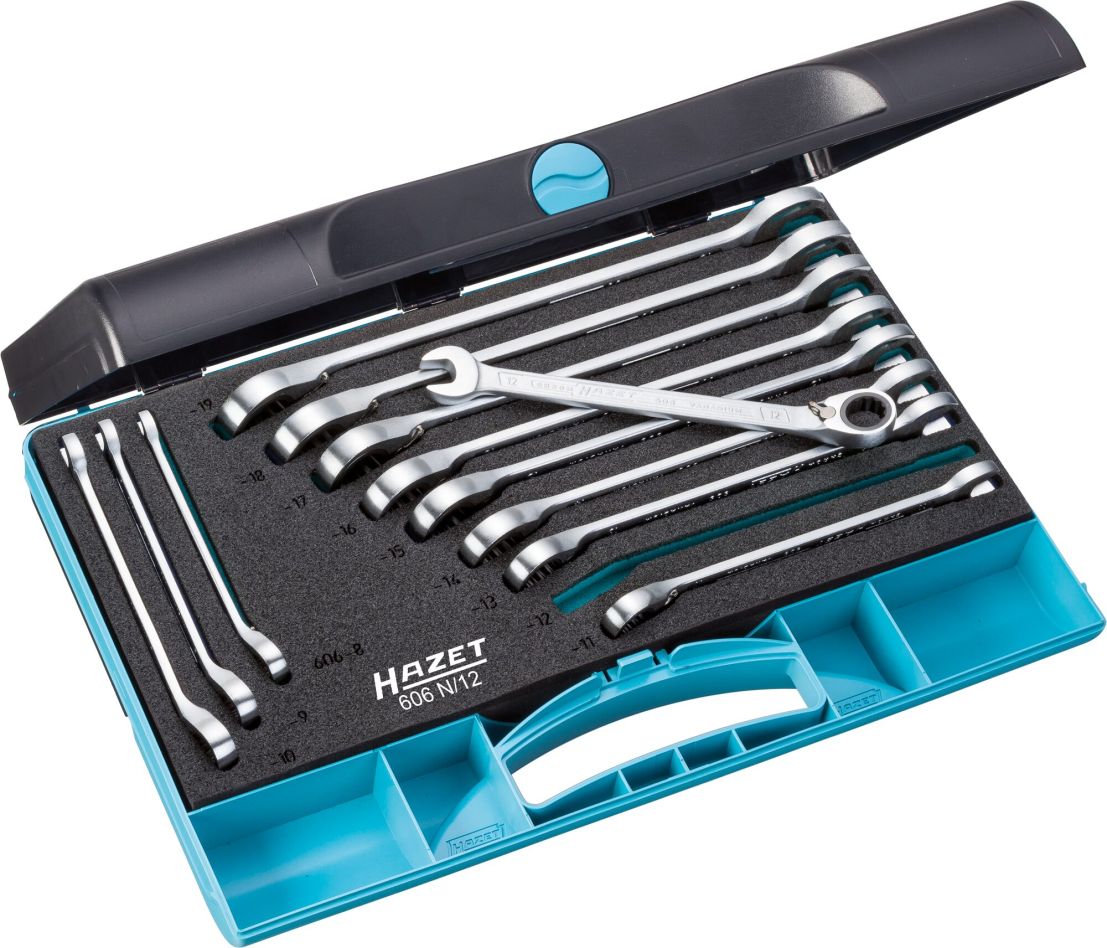 Hazet 606N/12 Juego de llaves de anilla con trinquete, perfil de tracci&oacute;n exterior, duodecagonal, 12 piezas