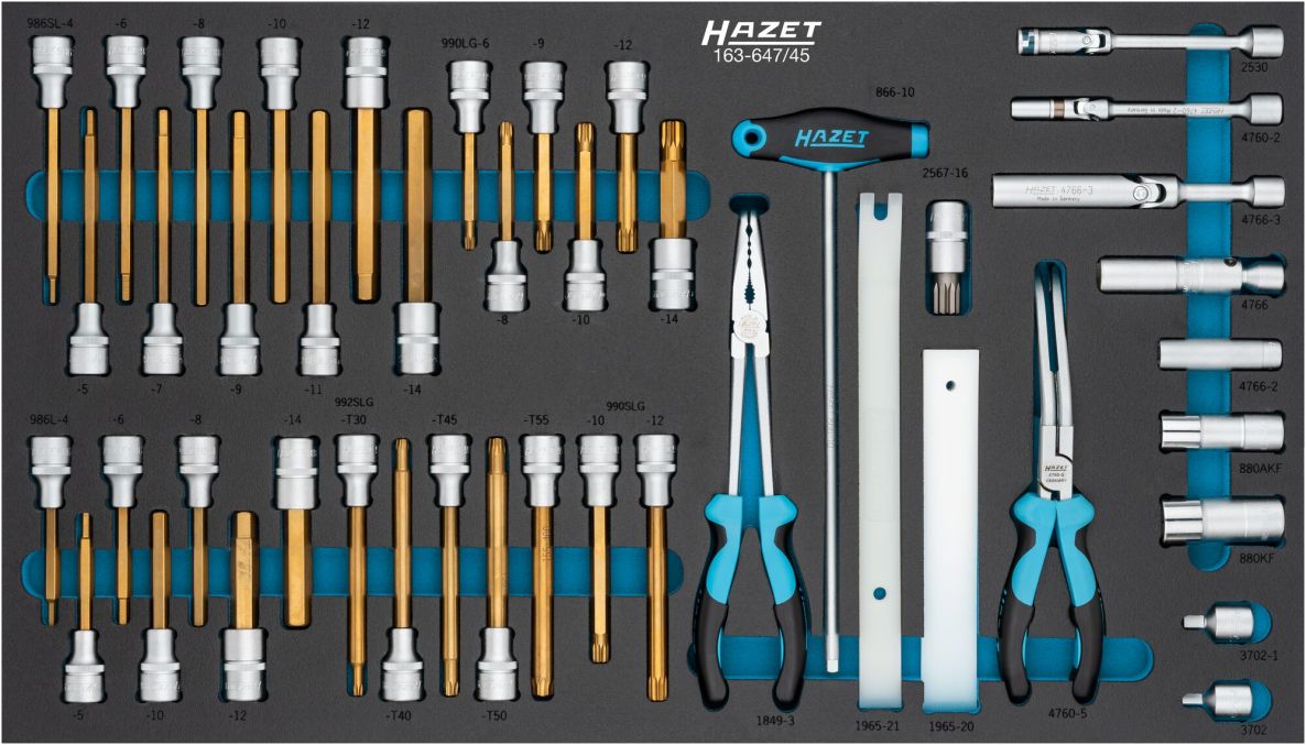 Hazet 163-647/45 Juego de herramientas de 45 piezas: 3/8" cuadrado hueco, 1/2" cuadrado hueco, hexagonal exterior, hexagonal interior, XZN, perfiles Torx interiores