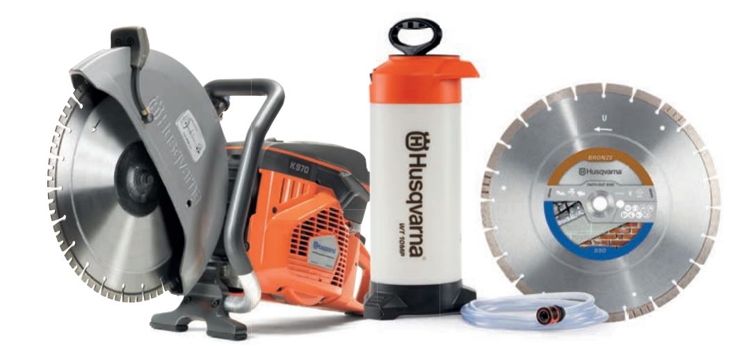 Husqvarna PowercutterK970350mmset K970 Cortadora a motor 350 mm + Depósito de agua + Hoja de sierra de diamante Tacti-Cut S50 Plus