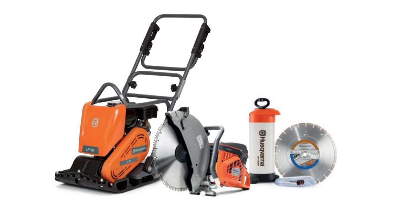 Husqvarna Powercutter/TrilplaatLF80LK970350 LF80L Placa vibratoria + K970 Cortadora de motor 350 mm + Depósito de agua + Hoja de sierra de diamante Tacti-Cut S50 Plus
