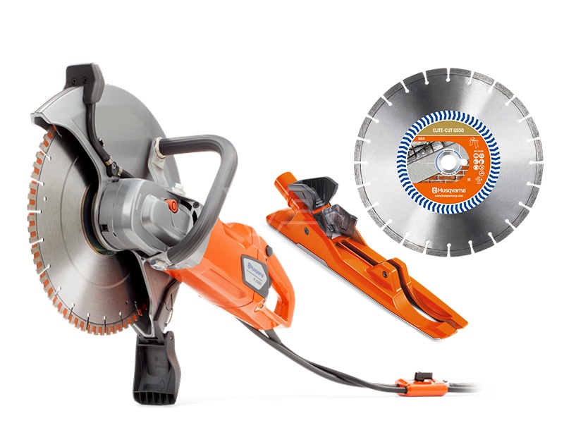 Husqvarna 9670798-01-GS50-VAC K4000 Tronzadora eléctrica húmeda "silenciosa" 350 mm + Disco de diamante Elite-Cut S50 + Accesorio de extracción de polvo