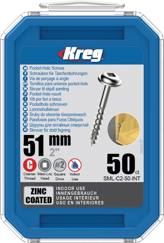 Kreg SML-C2-50-INT Tornillos de cabeza cilíndrica 51 mm galvanizados Maxi-Loc rosca gruesa 50 unid.