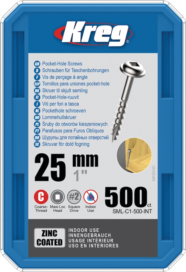 Kreg SML-C1-500-INT Tornillos de cabeza cilíndrica 25 mm galvanizados Maxi-Loc rosca gruesa 500 unidades