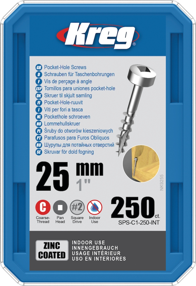 Kreg SPS-C1-250-INT Tornillos de cabeza cilíndrica 25 mm galvanizados rosca gruesa 250 unidades