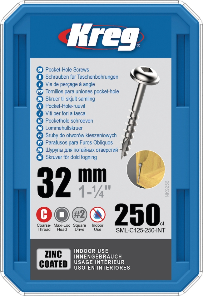 Kreg SML-C125-250-INT Tornillos de cabeza cilíndrica 32 mm galvanizados Maxi-Loc rosca gruesa 250 unidades