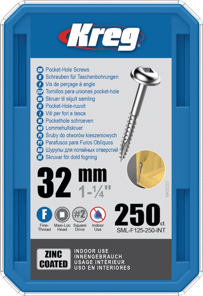 Kreg SML-F125-250-INT Tornillos de cabeza cilíndrica 32 mm galvanizados Maxi-Loc rosca fina 250 unidades