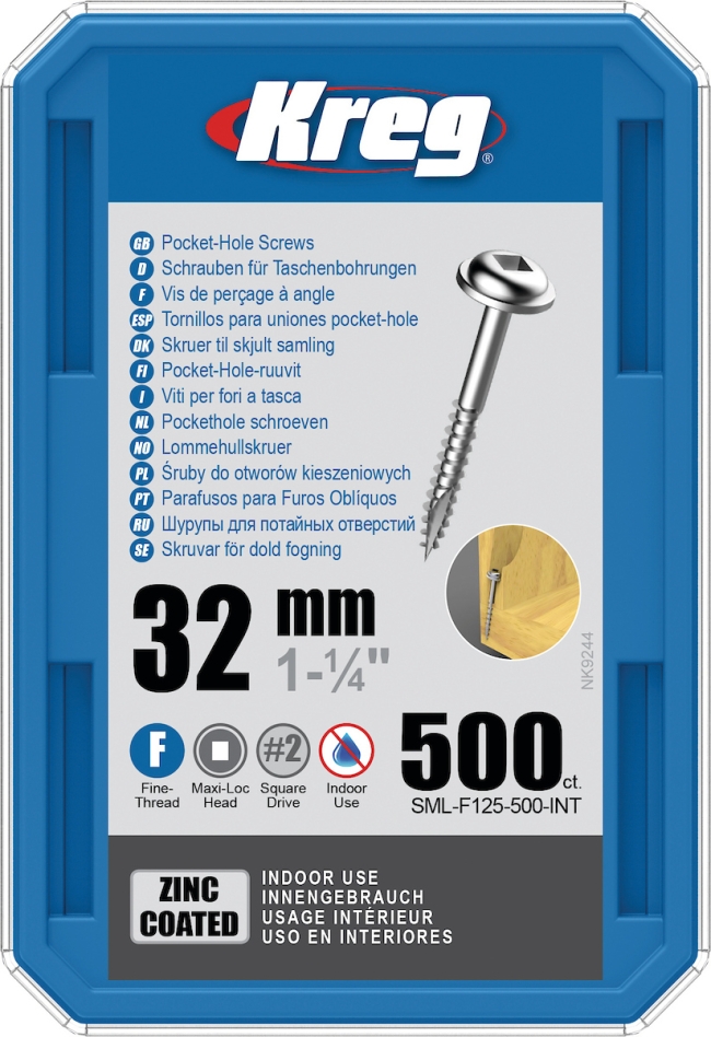 Kreg SML-F125-500-INT Tornillos de cabeza cilíndrica 32 mm galvanizados Maxi-Loc rosca fina 500 unidades